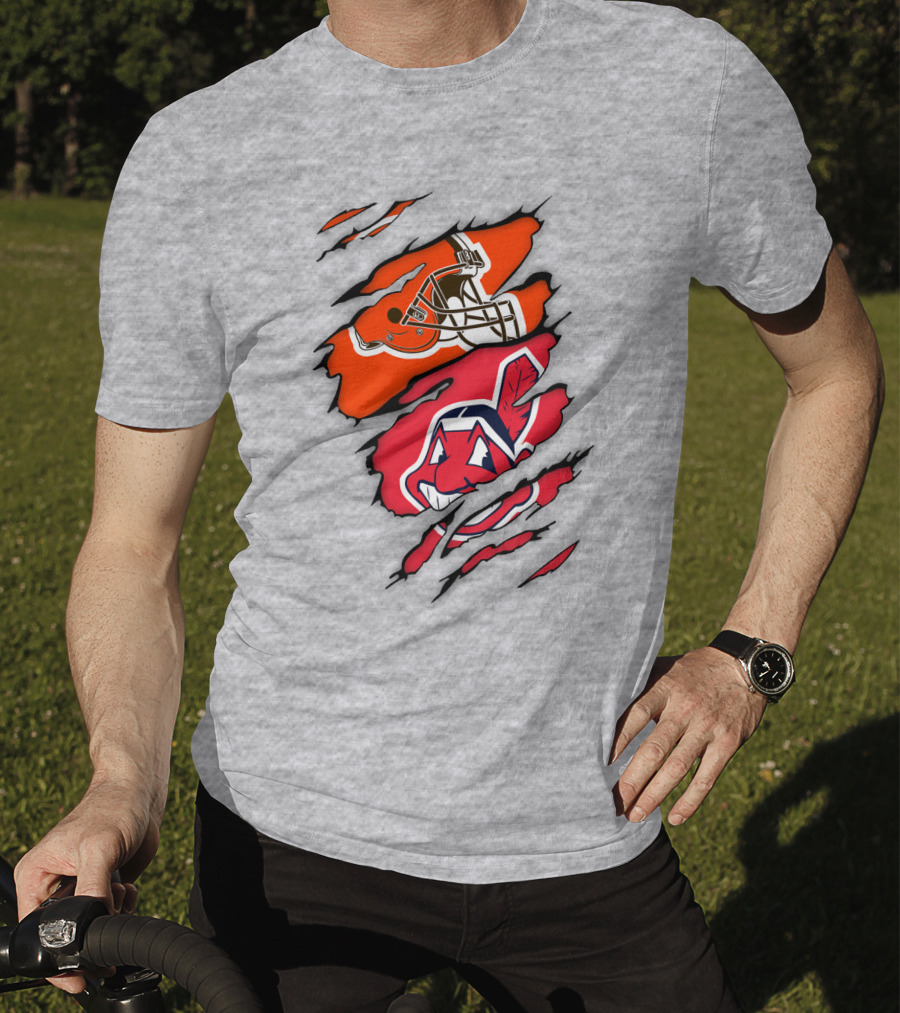 Cleveland Indians Browns Football Helmet Chief Wahoo Torn Rip T-Shirt