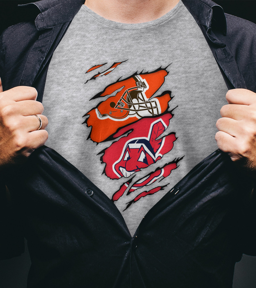 Cleveland Indians Browns Football Helmet Chief Wahoo Torn Rip T-Shirt