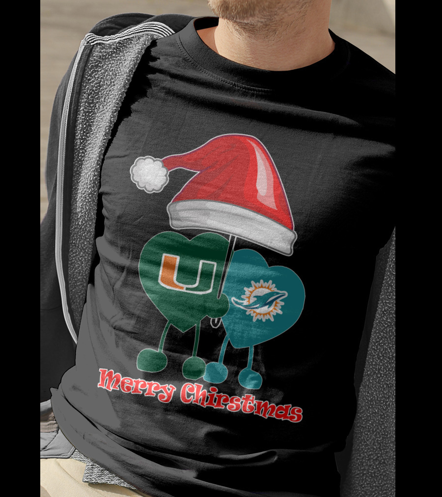 Merry Christmas Miami Dolphins Miami Hurricanes Santa Hat Hearts T-Shirt