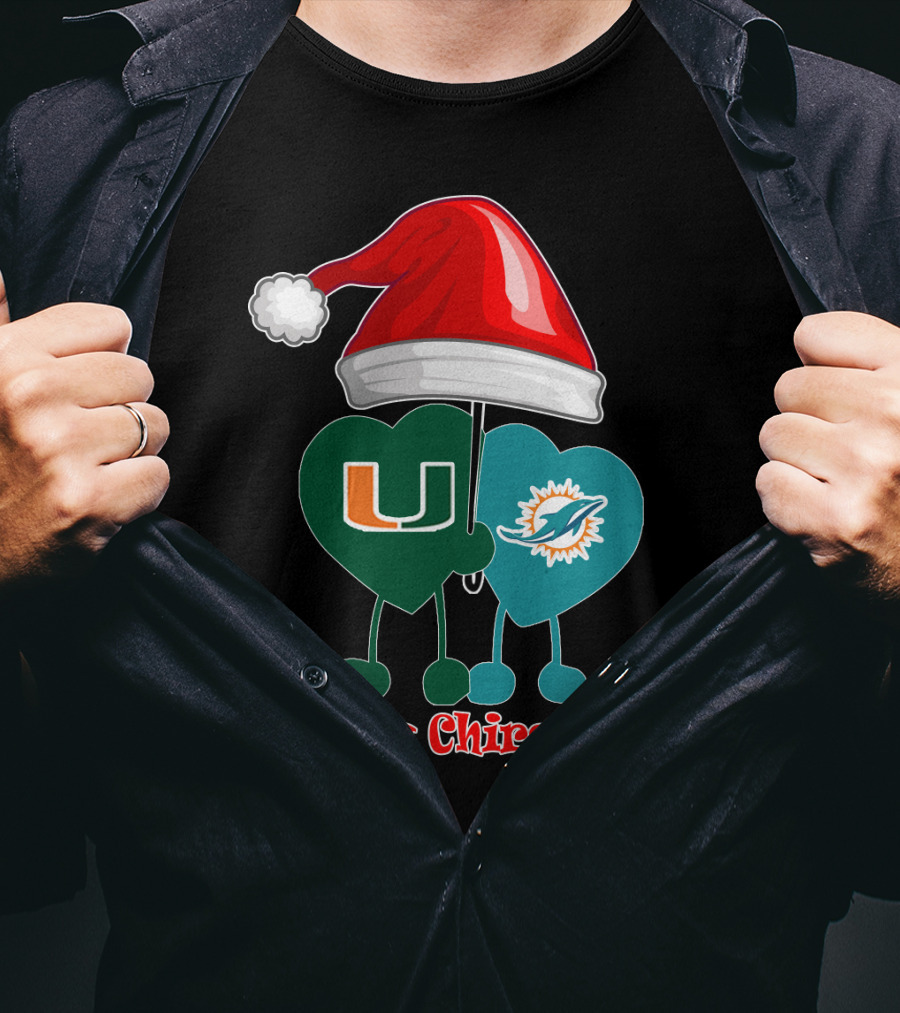 Merry Christmas Miami Dolphins Miami Hurricanes Santa Hat Hearts T-Shirt