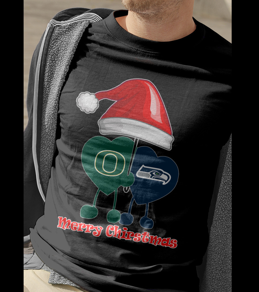 Merry Christmas Oregon Seattle Seahawks Holiday Hat Hearts T-Shirt