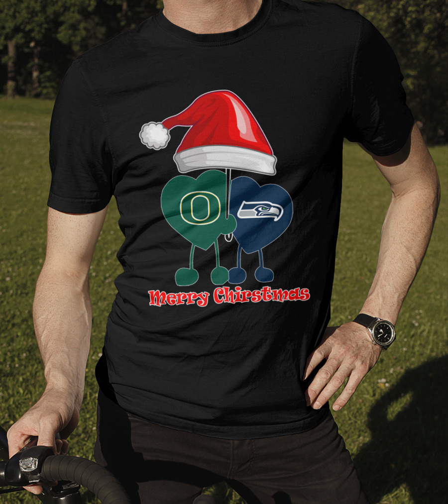 Merry Christmas Oregon Seattle Seahawks Holiday Hat Hearts T-Shirt
