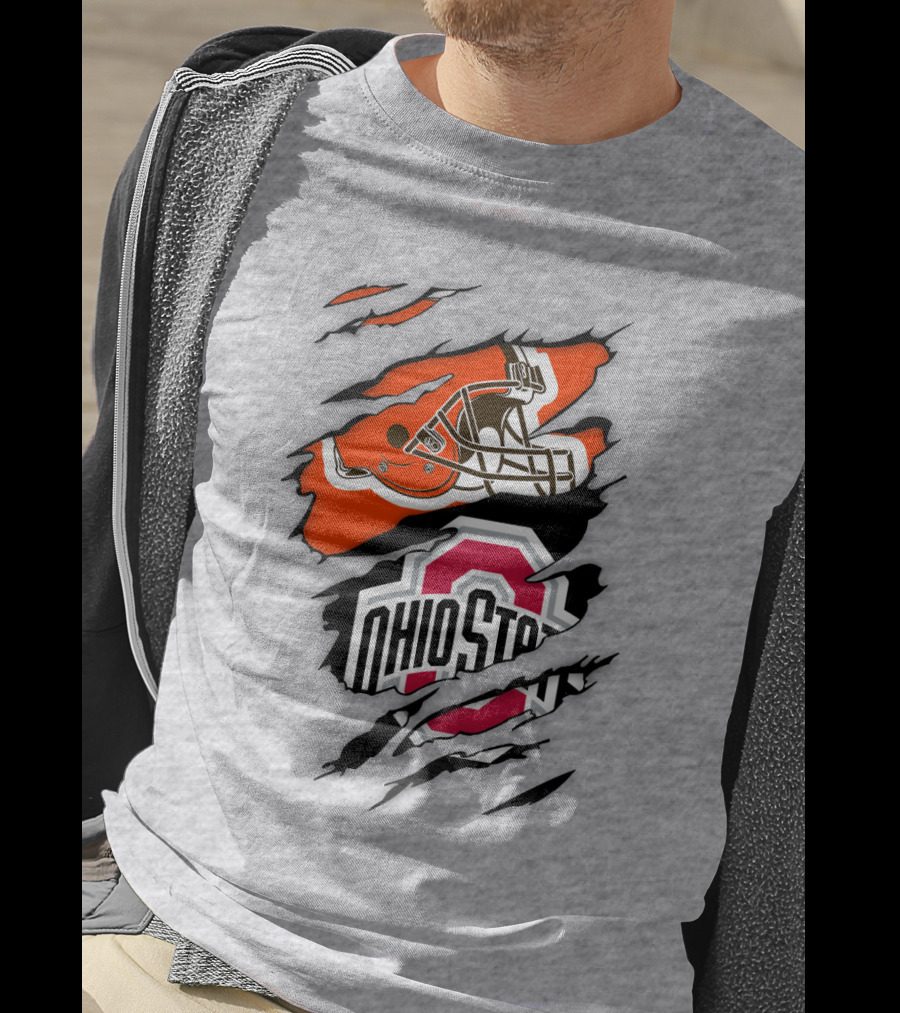 Cleveland Browns Helmet And Ohio State Buckeyes Logo Ripped T-Shirt