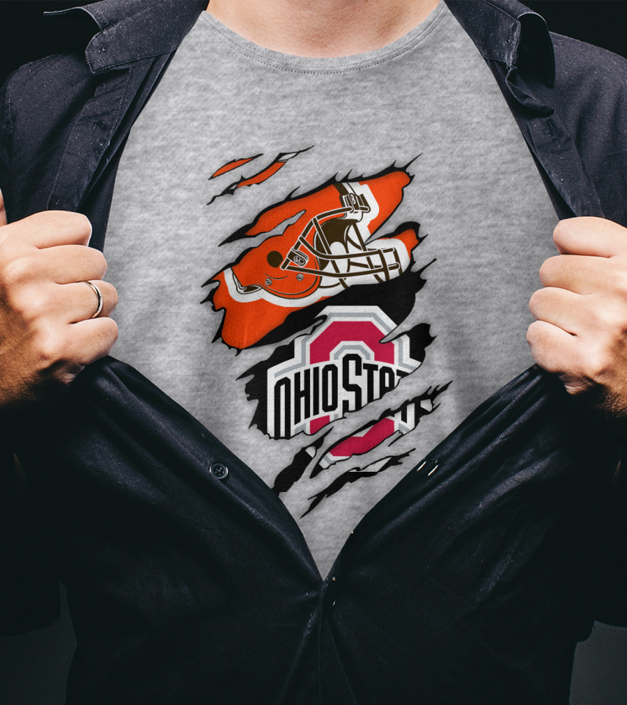 Cleveland Browns Helmet And Ohio State Buckeyes Logo Ripped T-Shirt