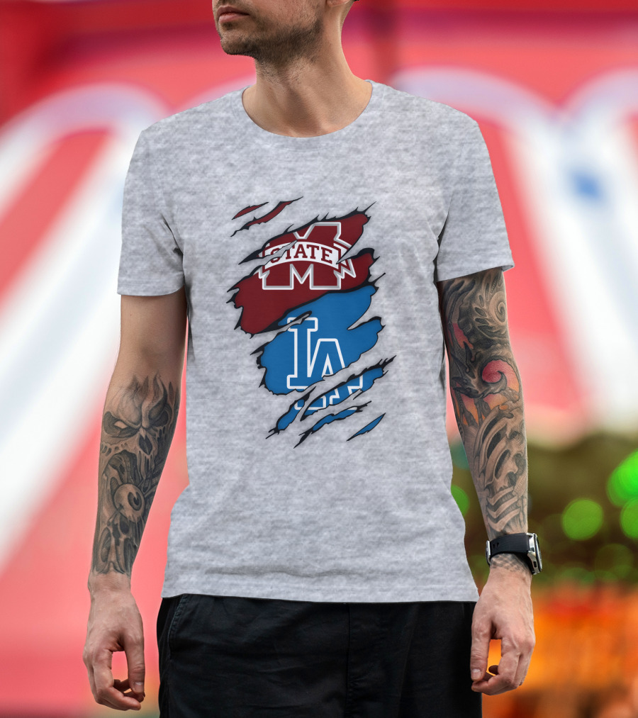 Los Angeles Dodgers LA Mississippi State MS State Torn Effect T-Shirt