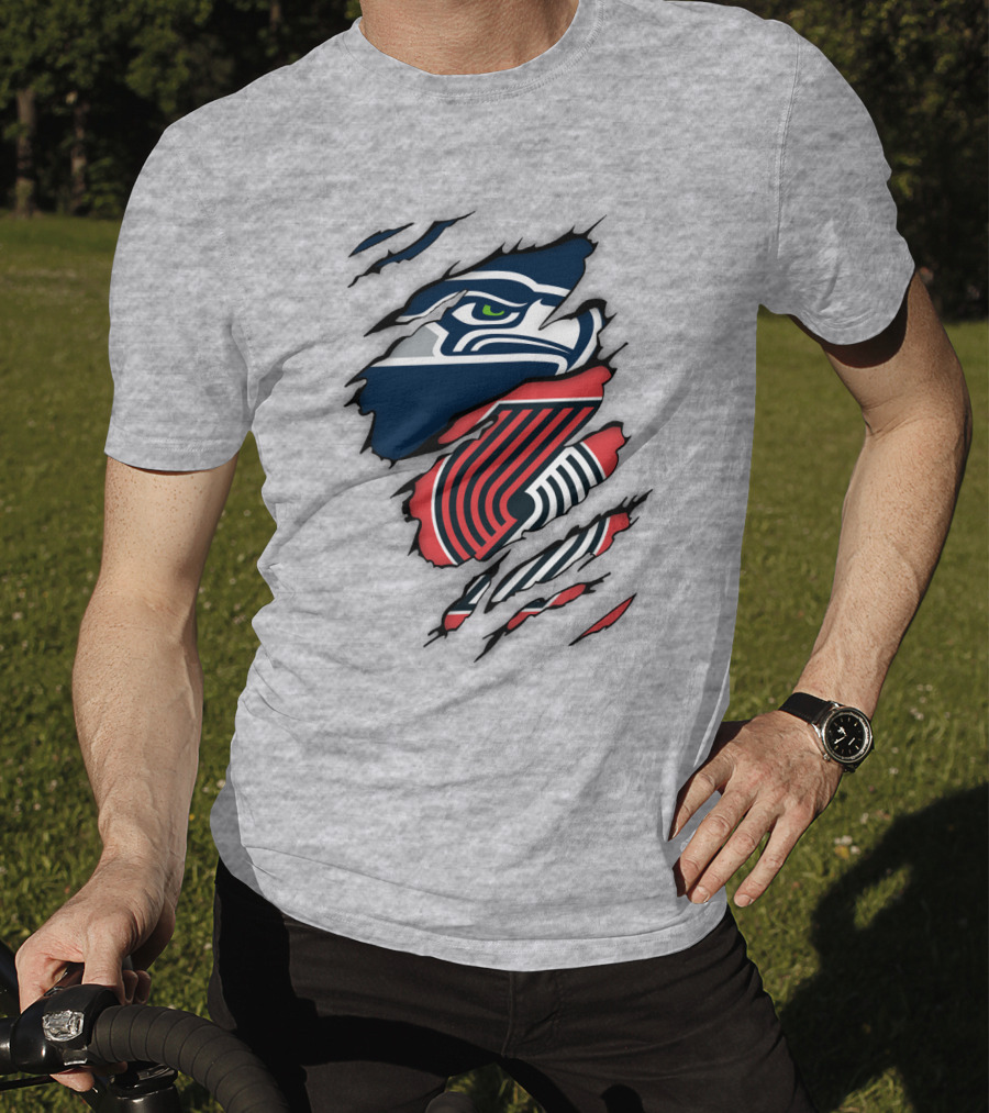 Portland Trail Blazers Seattle Seahawks Ripped Logo Fusion T-Shirt