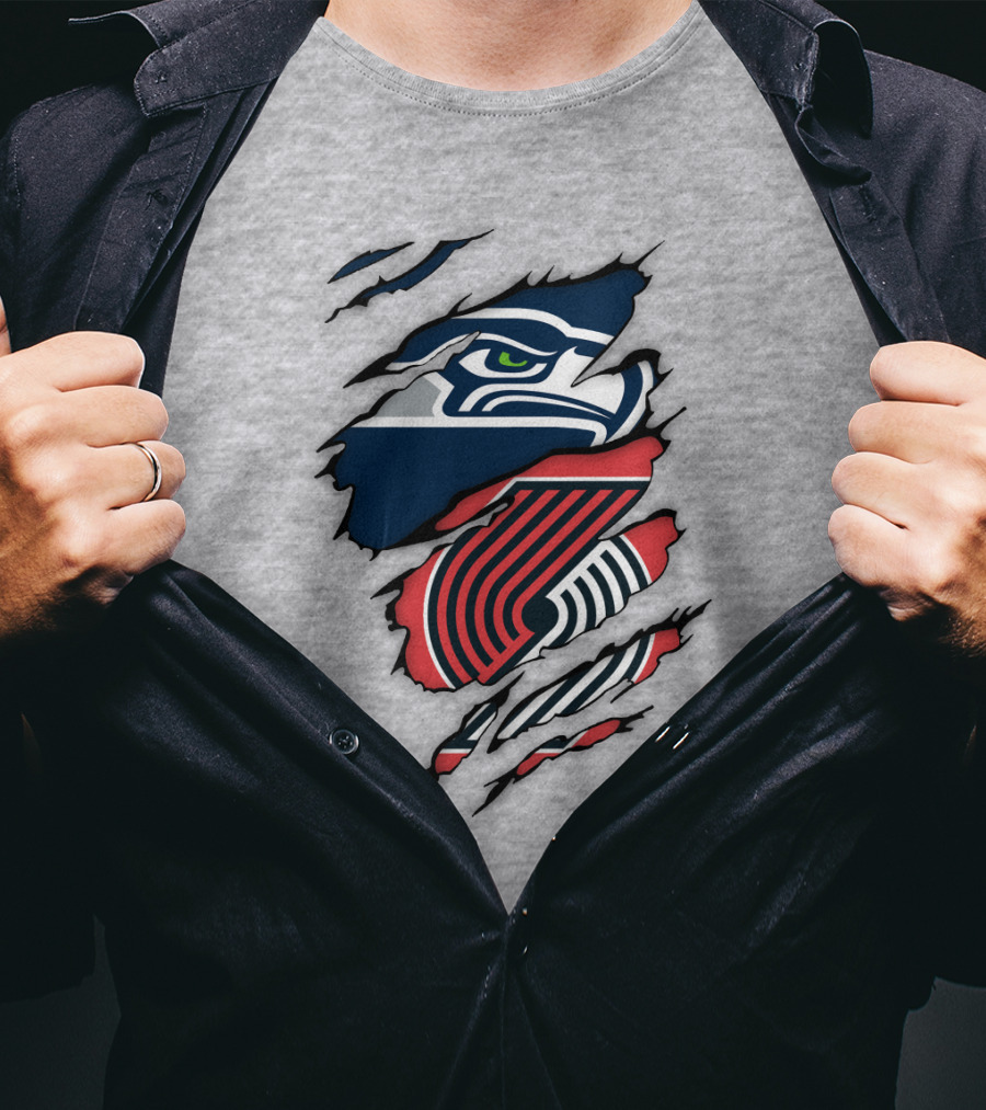 Portland Trail Blazers Seattle Seahawks Ripped Logo Fusion T-Shirt