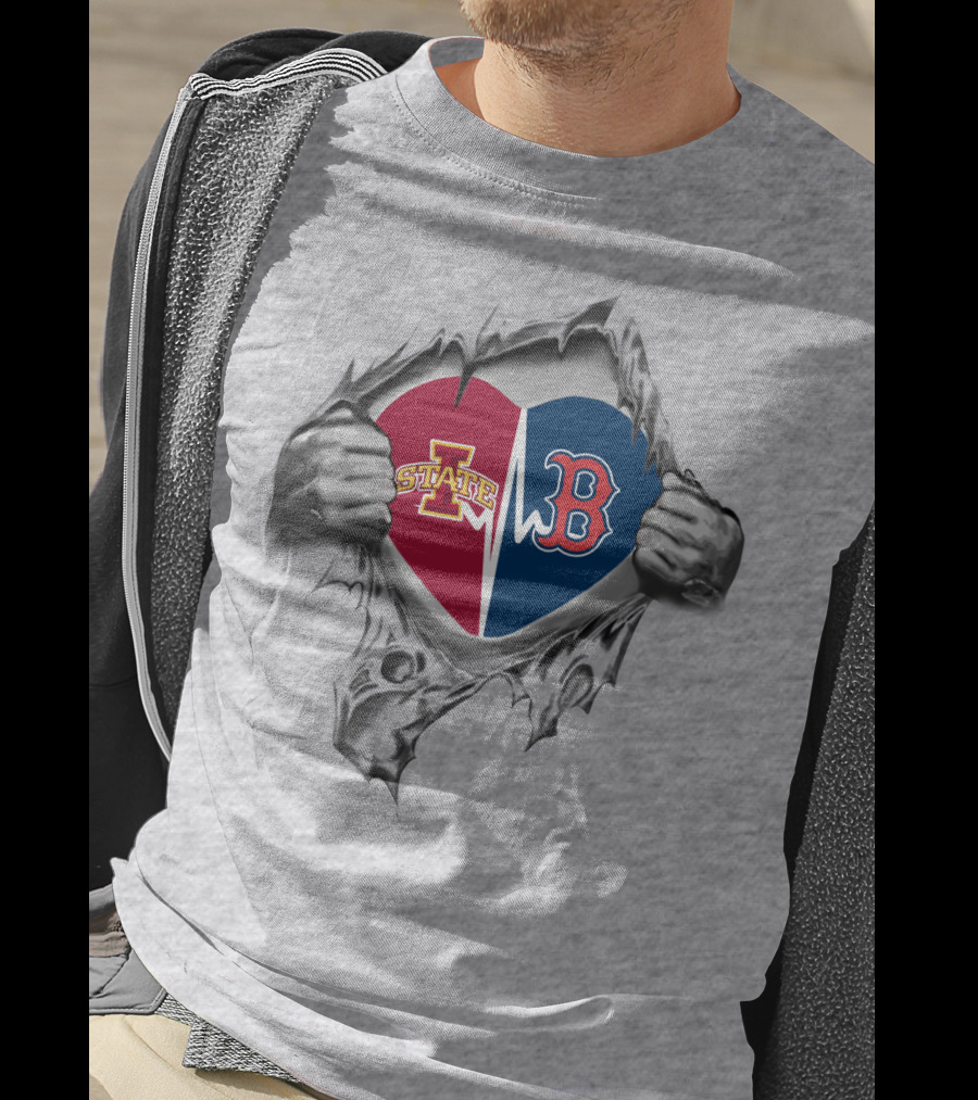 Iowa State Cyclones Boston Red Sox Heart Torn Fabric T-Shirt