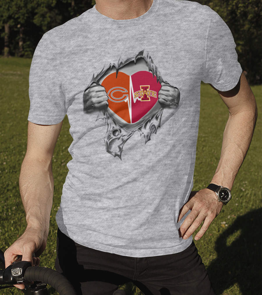 Iowa State Chicago Bears Logo Heart Ripped T-Shirt