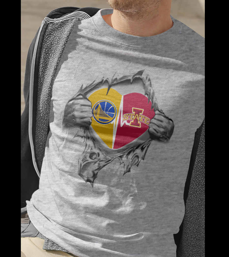 Iowa State Golden State Warriors Heart Split Logo Fusion T-Shirt
