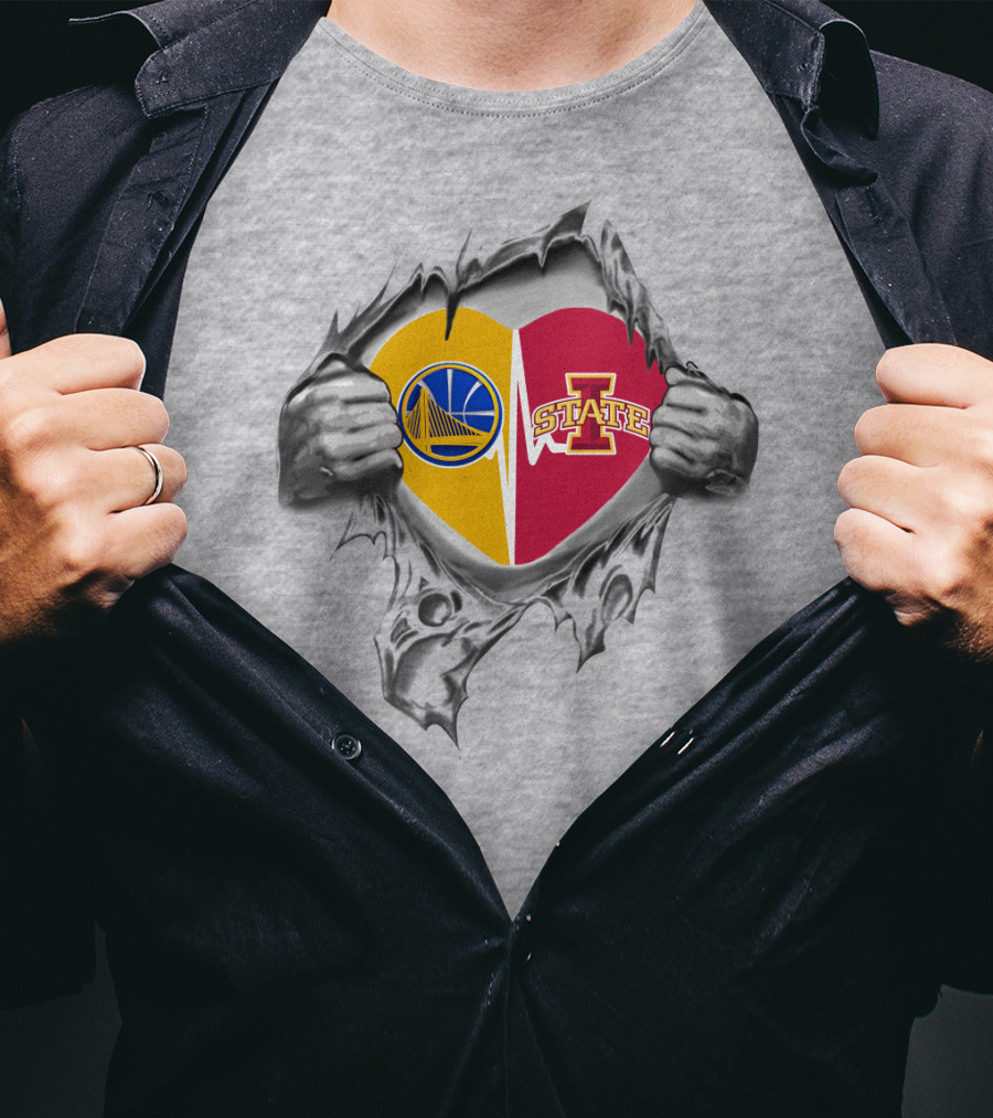 Iowa State Golden State Warriors Heart Split Logo Fusion T-Shirt