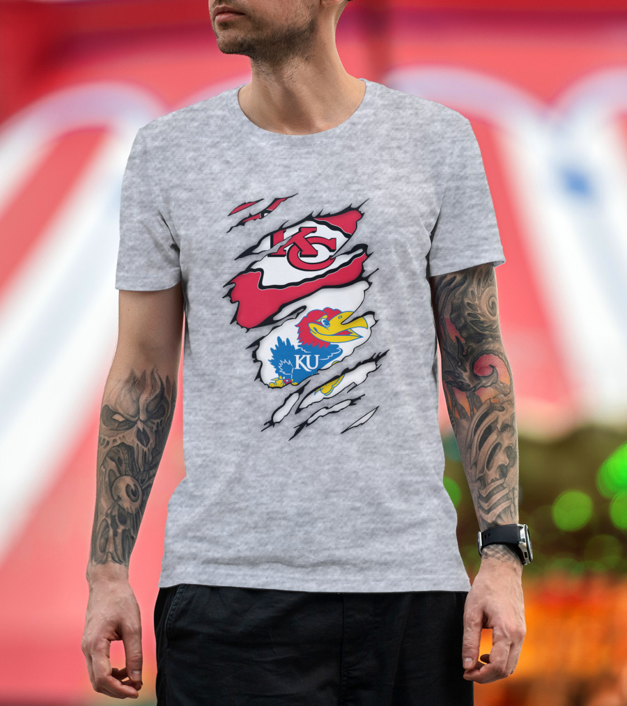 Kansas City Chiefs And Ku Jayhawks Logos Torn T-Shirt