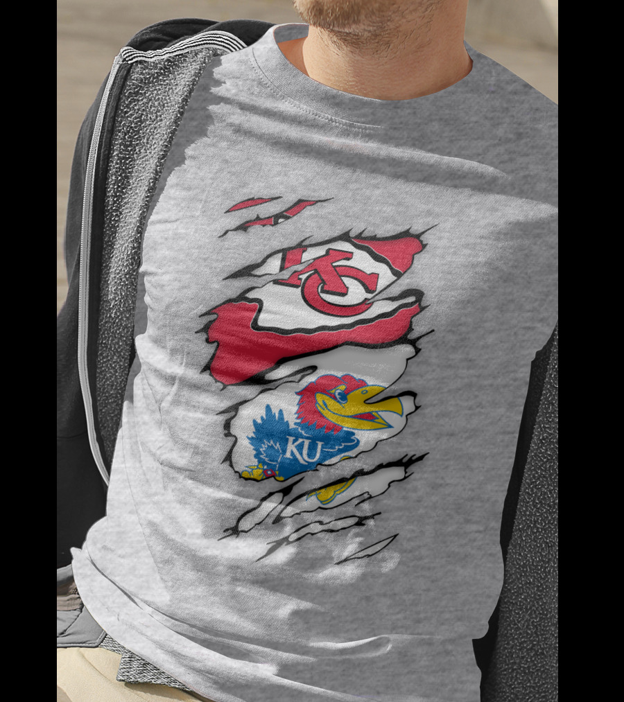 Kansas City Chiefs And Ku Jayhawks Logos Torn T-Shirt