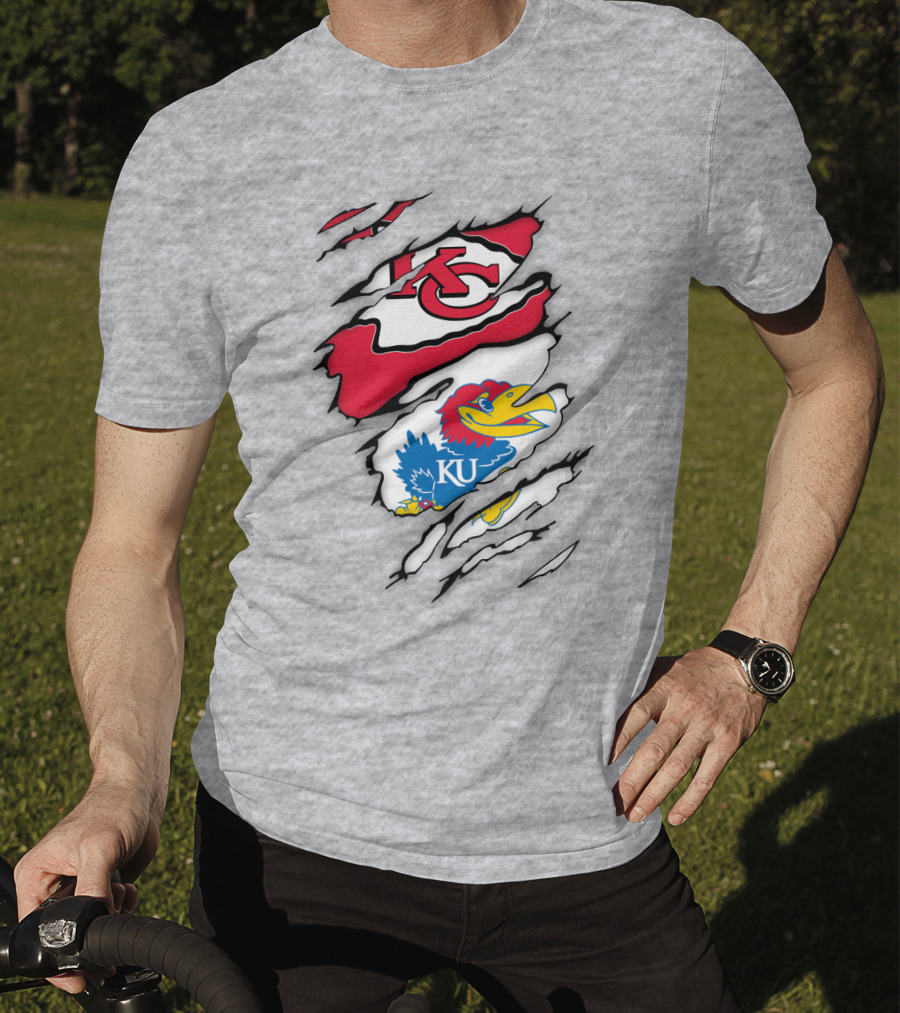 Kansas City Chiefs And Ku Jayhawks Logos Torn T-Shirt
