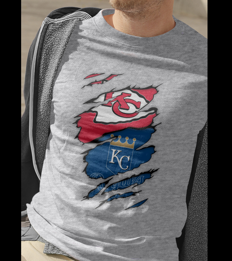 Kansas City Royals Kc And Kansas City Chiefs Arrowhead Red Blue Logo Fusion T-Shirt