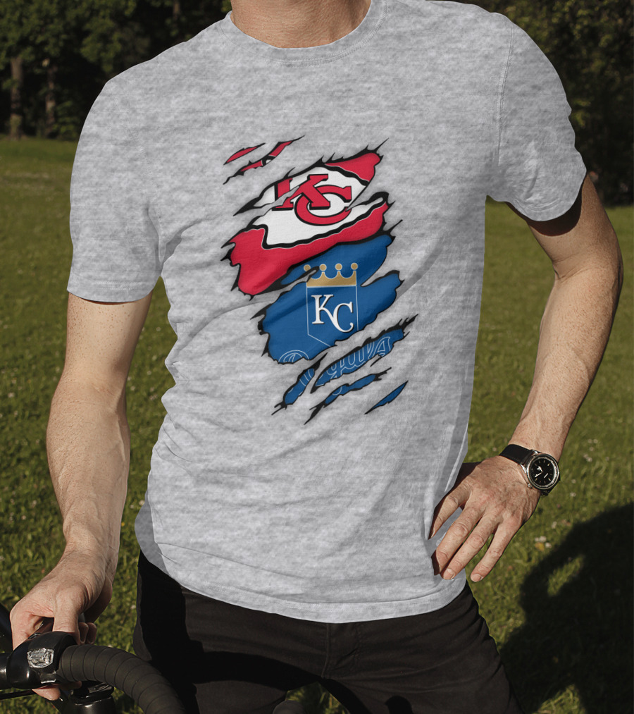 Kansas City Royals Kc And Kansas City Chiefs Arrowhead Red Blue Logo Fusion T-Shirt