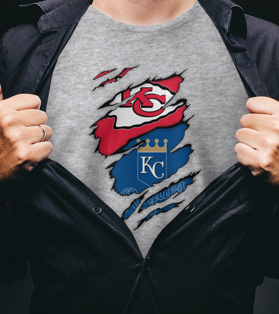 Kansas City Royals Kc And Kansas City Chiefs Arrowhead Red Blue Logo Fusion T-Shirt