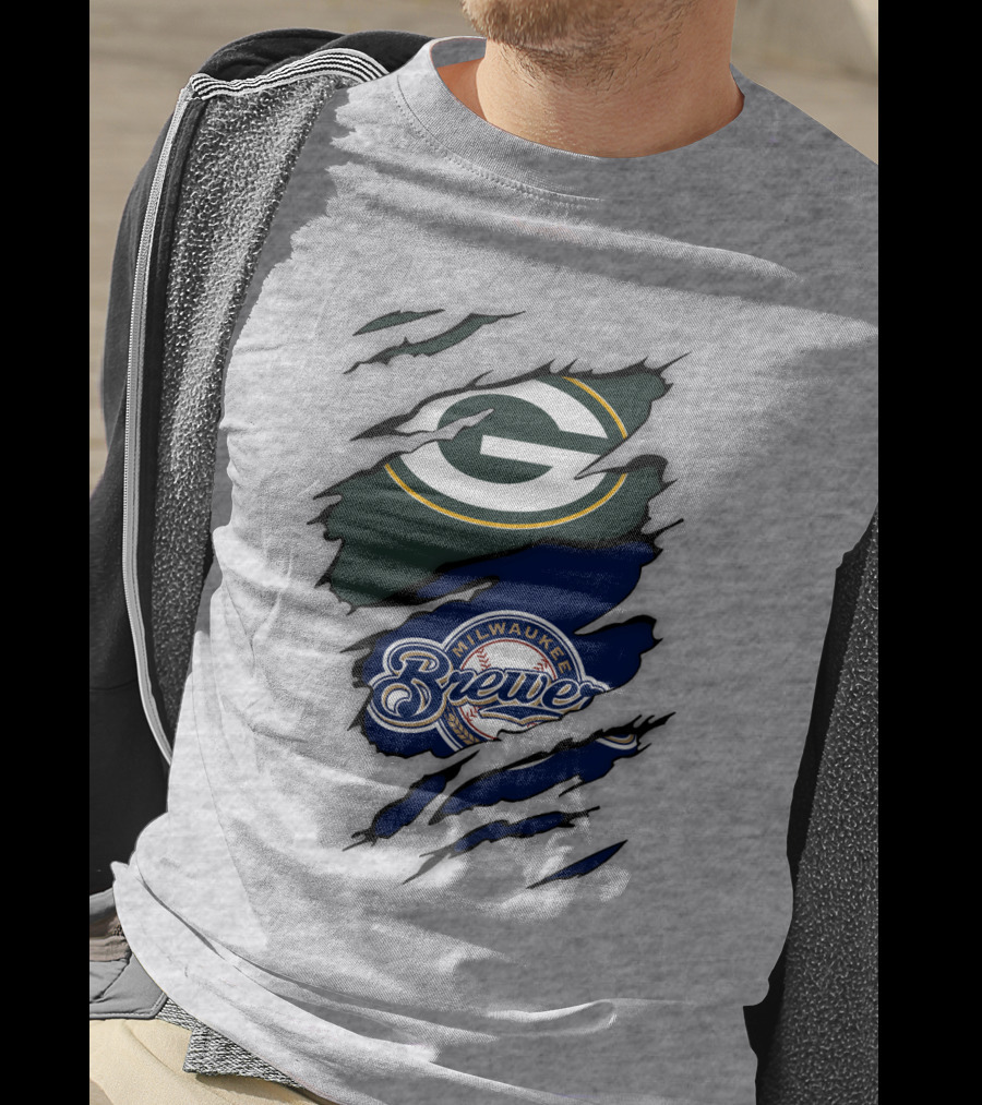 Milwaukee Brewers Green Bay Packers Logos Claw Marks T-Shirt