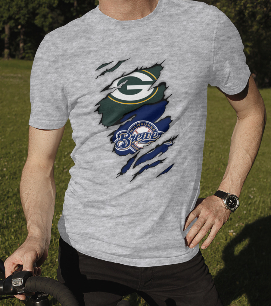Milwaukee Brewers Green Bay Packers Logos Claw Marks T-Shirt