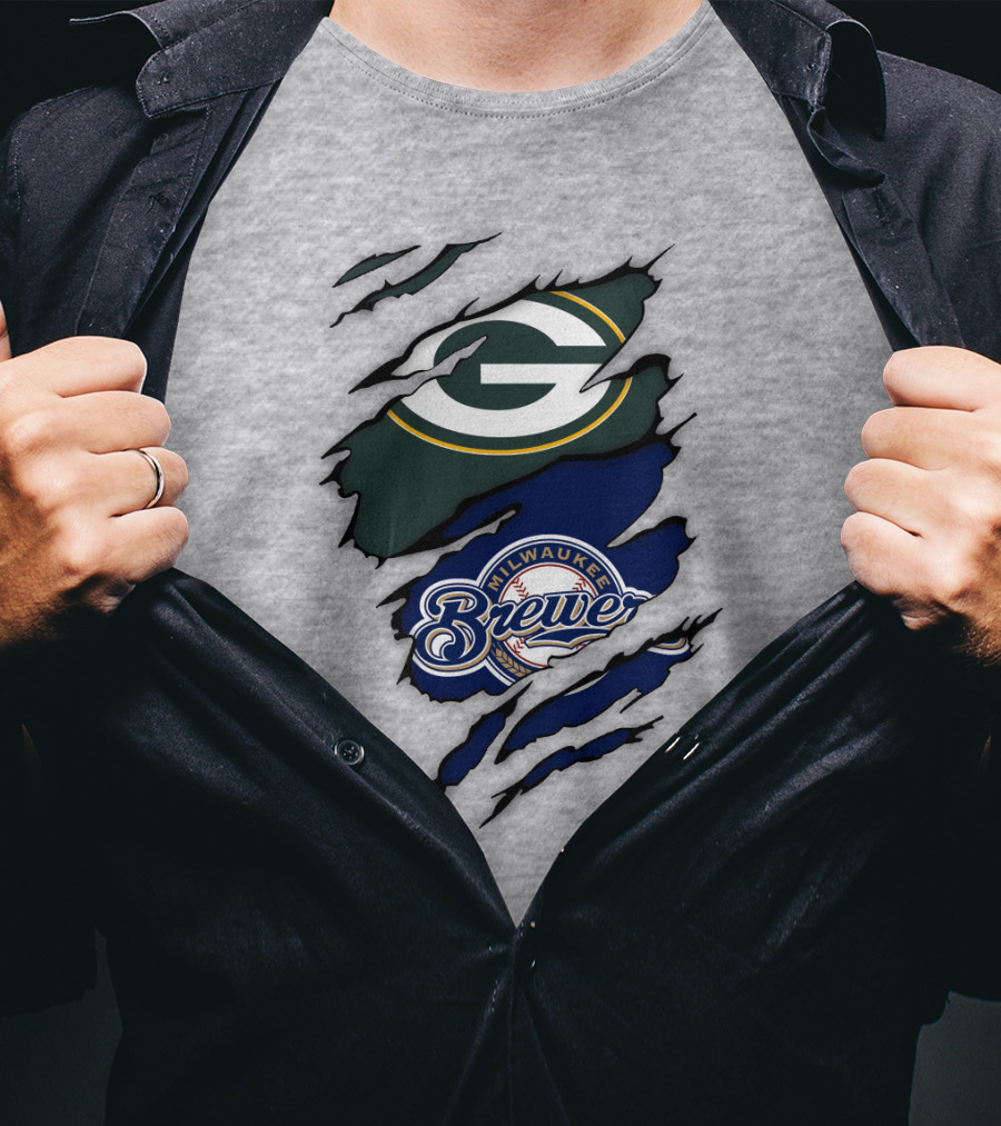 Milwaukee Brewers Green Bay Packers Logos Claw Marks T-Shirt