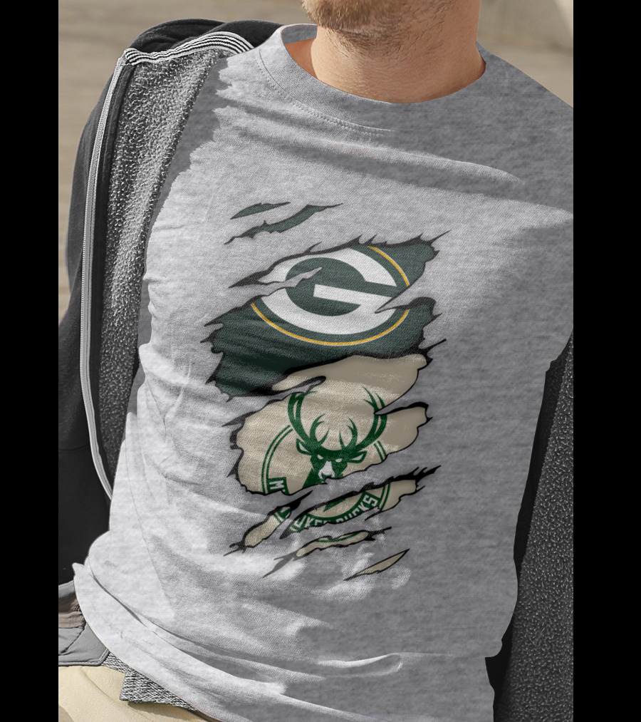 Green Bay Packers Milwaukee Bucks Ripped Reveal Logo Fusion T-Shirt