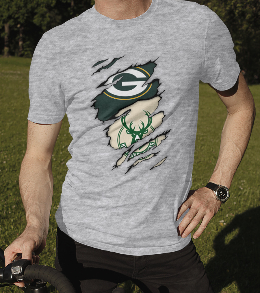 Green Bay Packers Milwaukee Bucks Ripped Reveal Logo Fusion T-Shirt