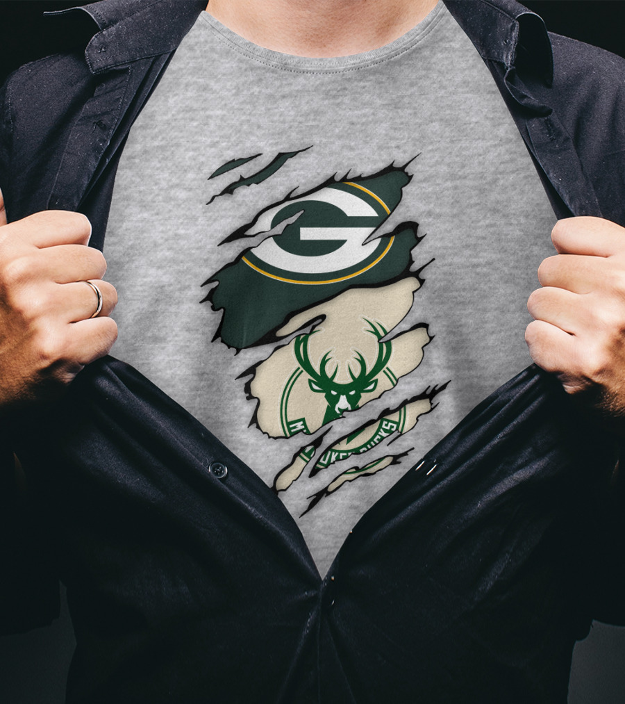 Green Bay Packers Milwaukee Bucks Ripped Reveal Logo Fusion T-Shirt