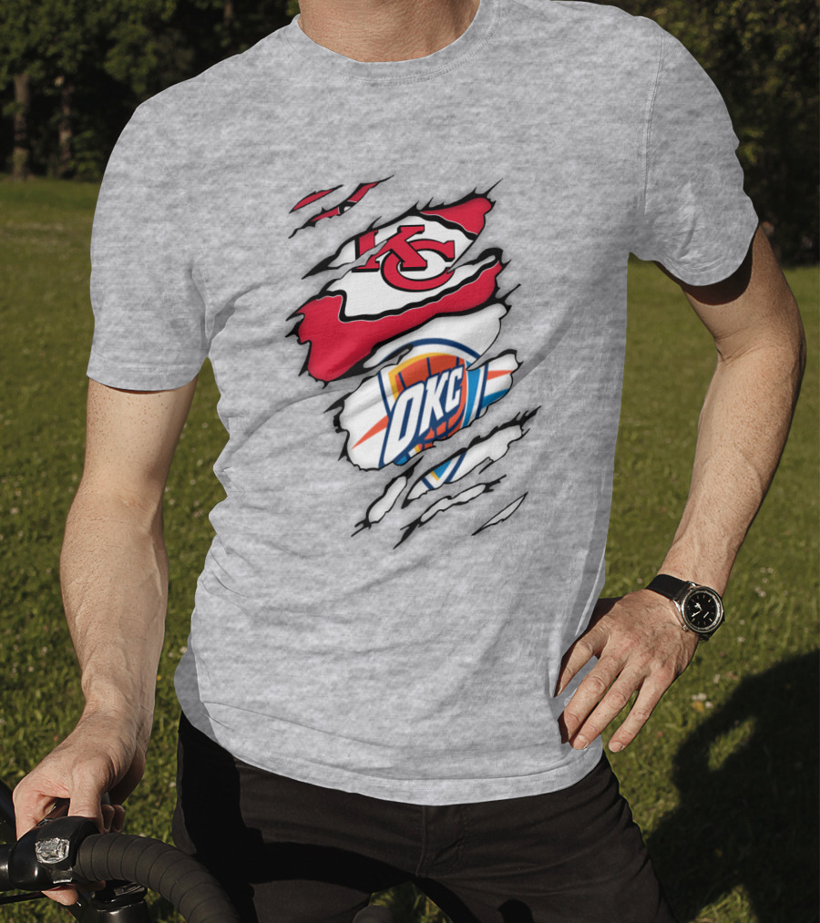 Kansas City Chiefs Okc Thunder Logos Overlapping Sports Crossover T-Shirt