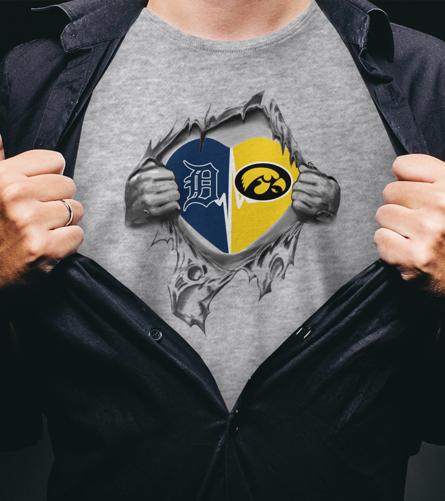 Detroit Tigers Iowa Hawkeyes Heart Logo Fusion T-Shirt