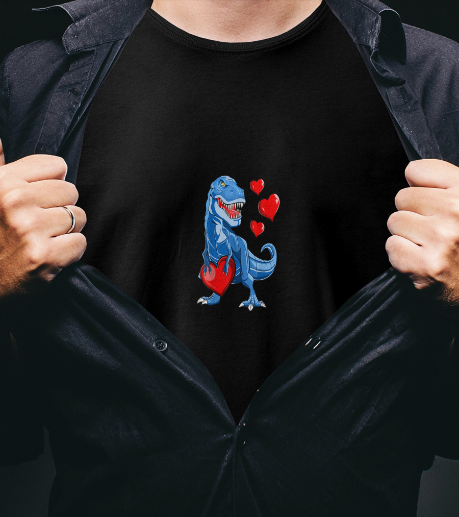 Valentine Blue Dinosaur With Hearts T-Shirt