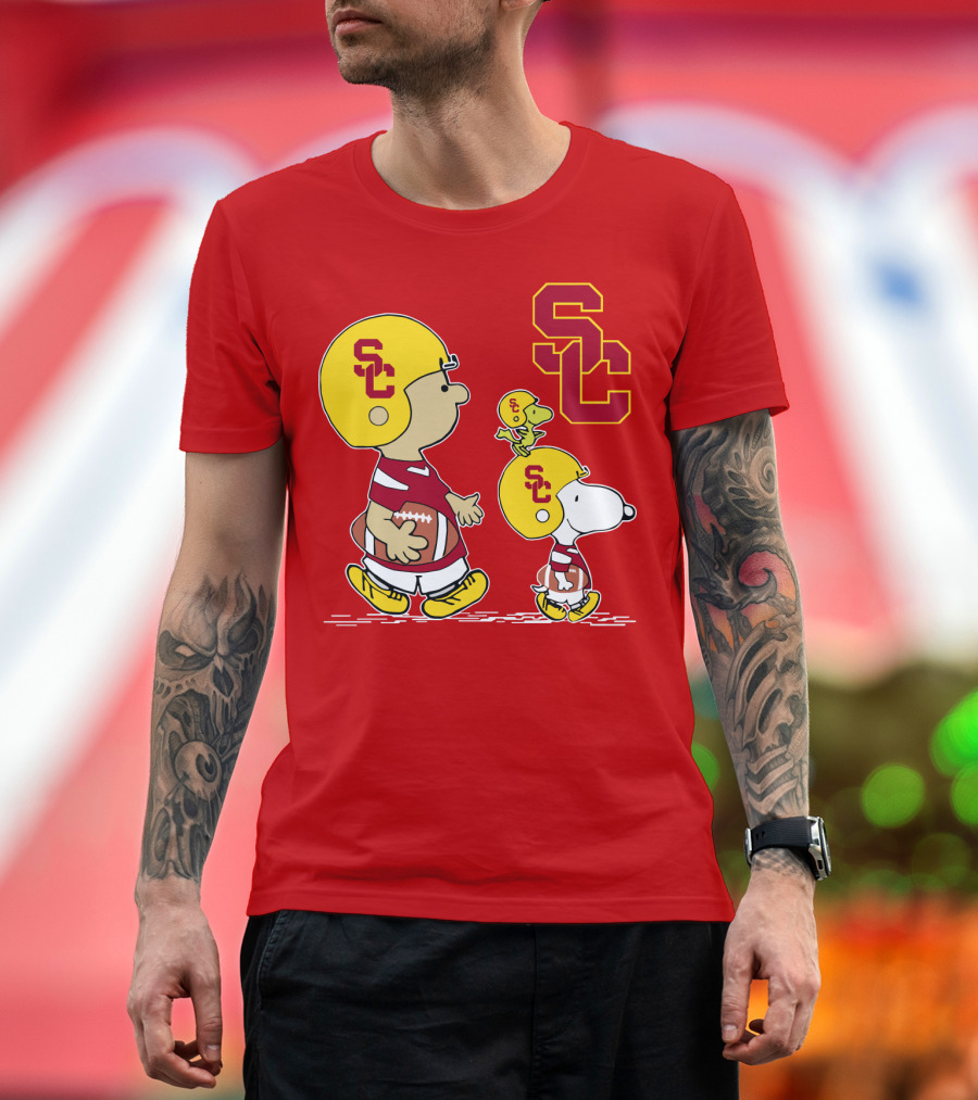 USC Trojans Peanuts Characters Football Theme with SC Helmets T-Shirt