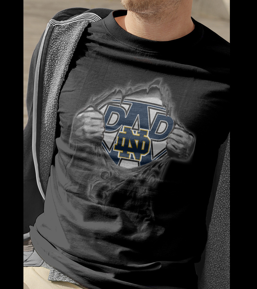 Notre Dame Dad Super Hero Logo With Hands Ripping T-Shirt