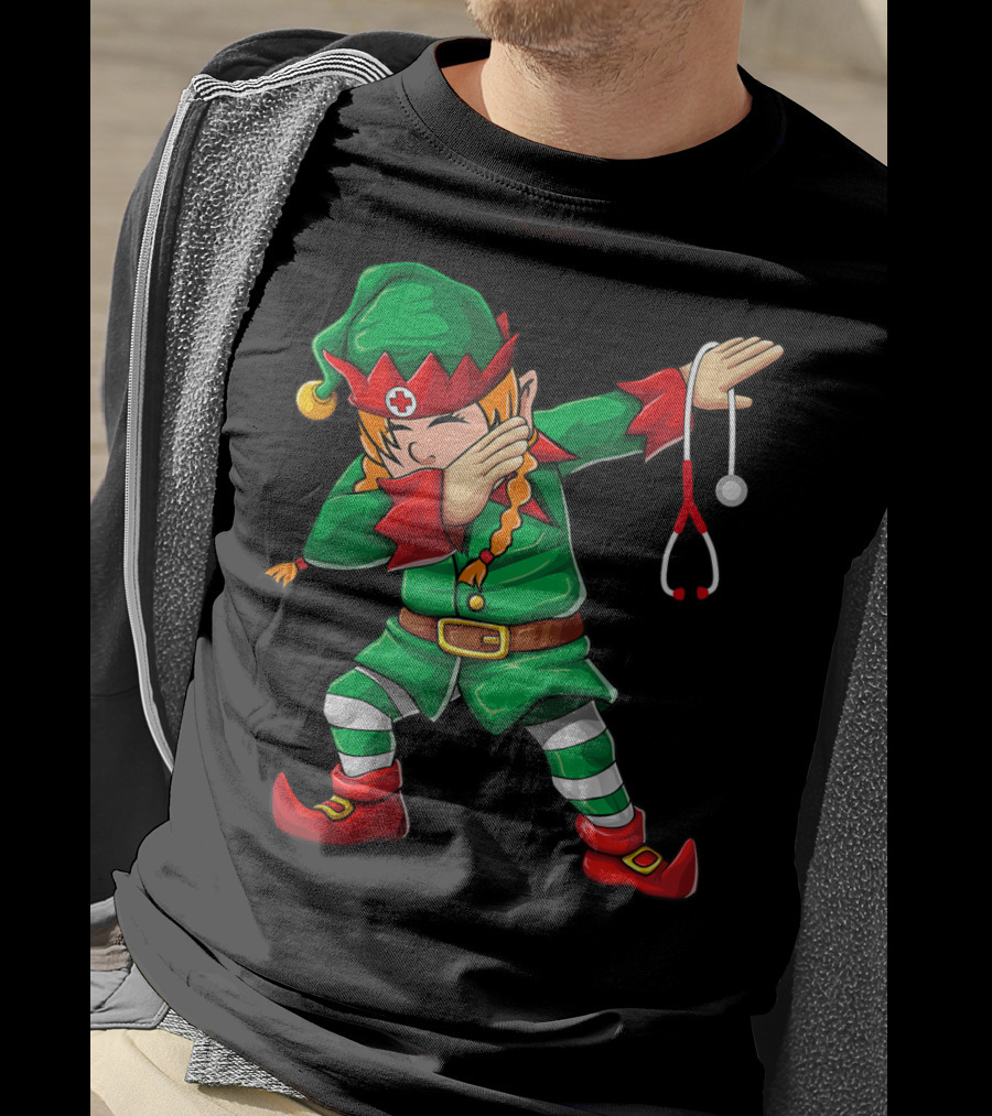 Dabbing Elf Girl Christmas Nurse Stethoscope Scrub Tops T-Shirt