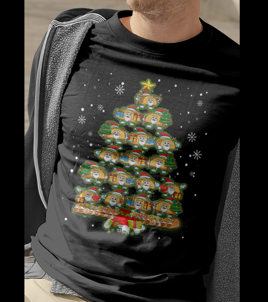 Tacos Santa Christmas Tree Light Decor Snowflakes T-Shirt
