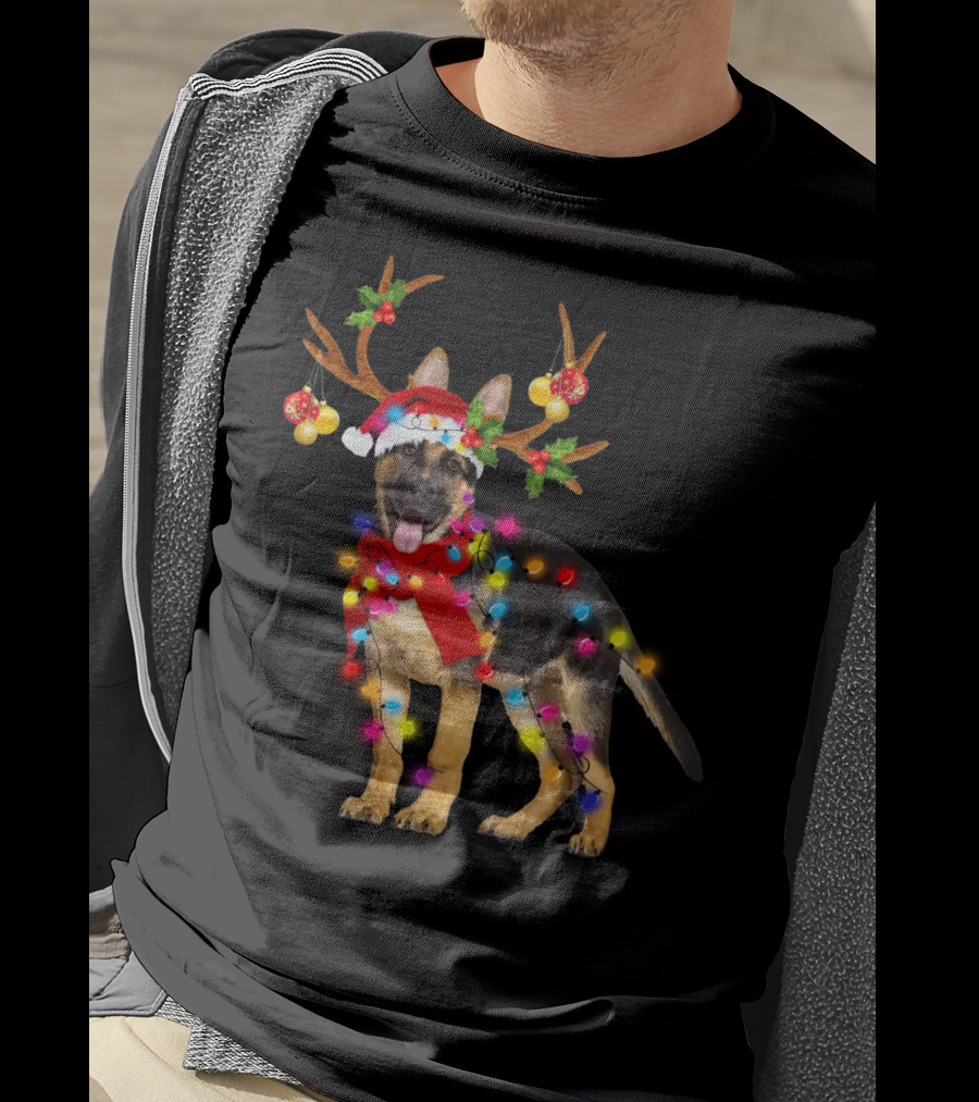 German Shepherd Christmas Dog With Reindeer Antlers And Holiday Lights T-Shirt