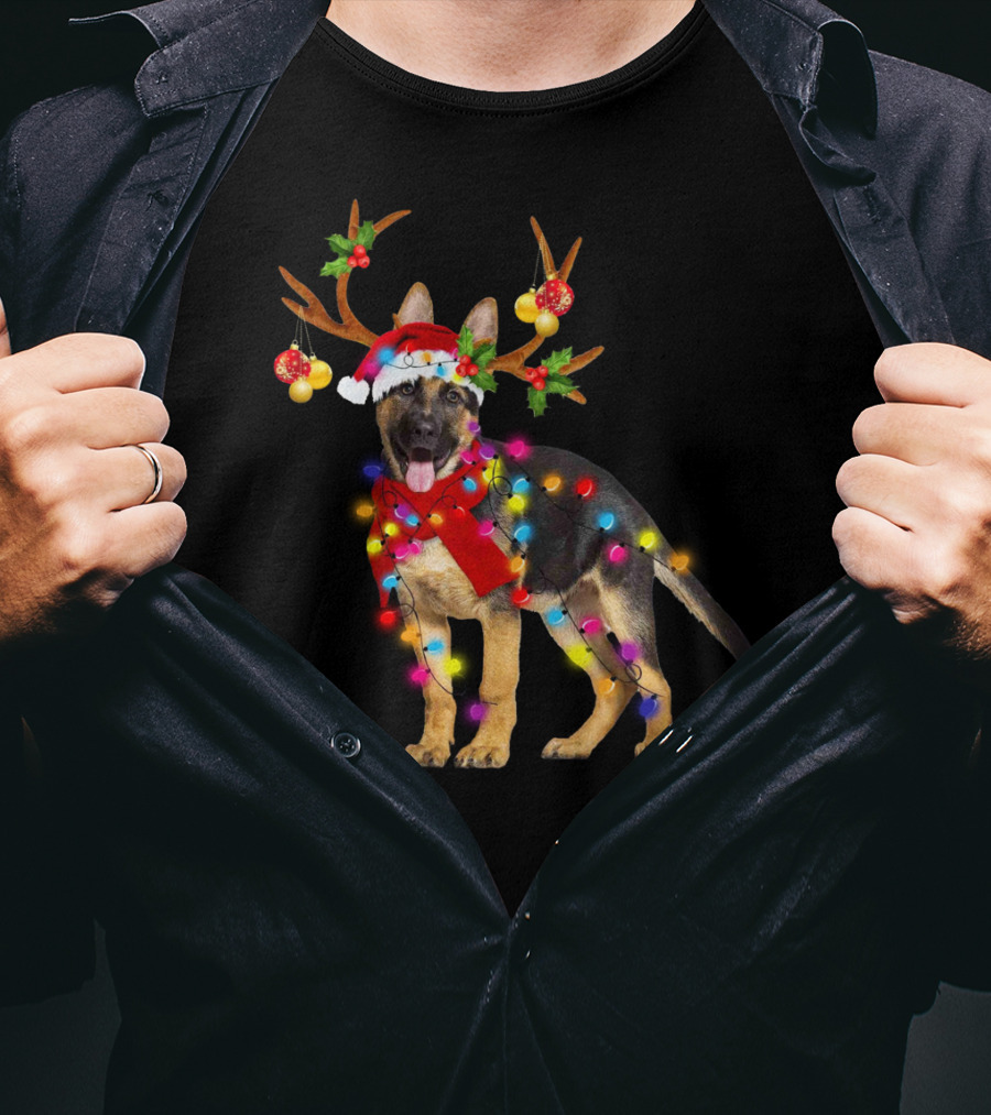German Shepherd Christmas Dog With Reindeer Antlers And Holiday Lights T-Shirt