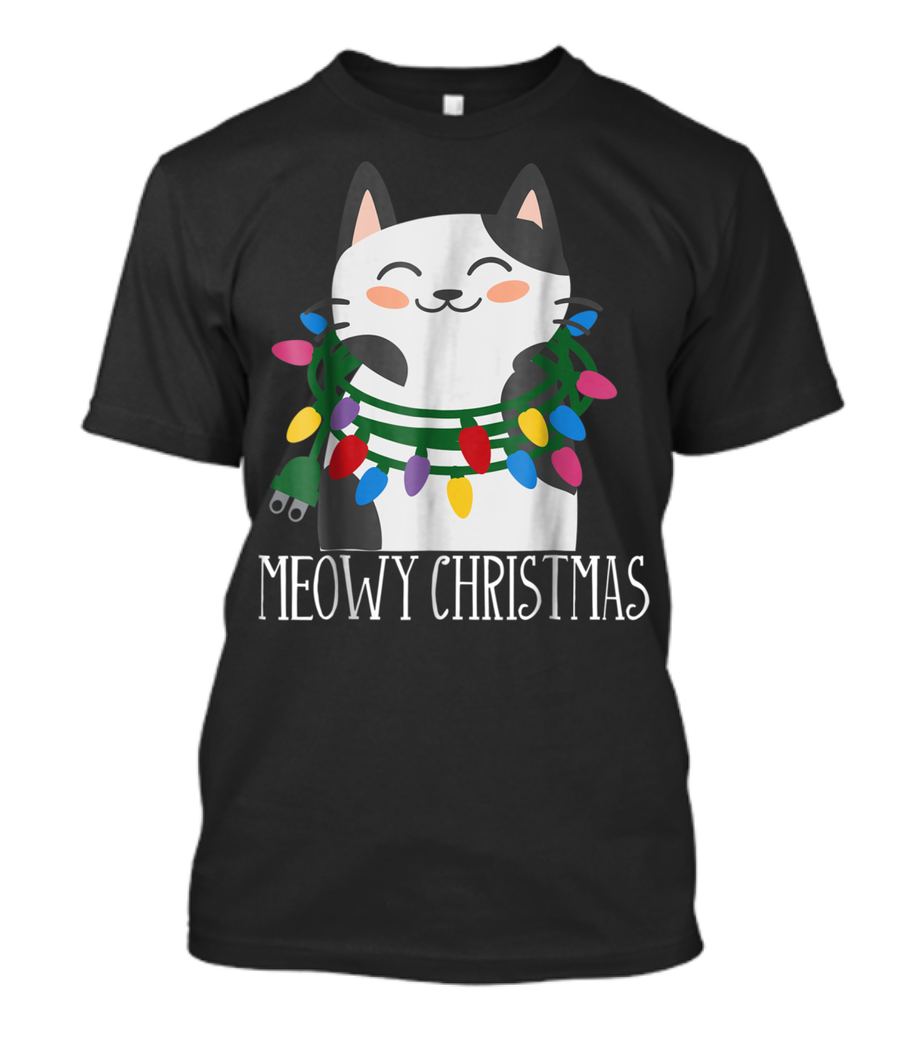 Meowy Christmas Holiday Funny Catma With Festive Lights And Happy Smiling Cat T-Shirt
