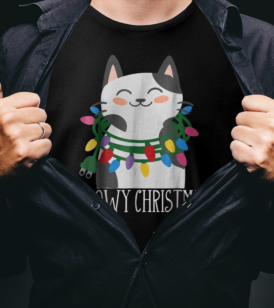 Meowy Christmas Holiday Funny Catma With Festive Lights And Happy Smiling Cat T-Shirt