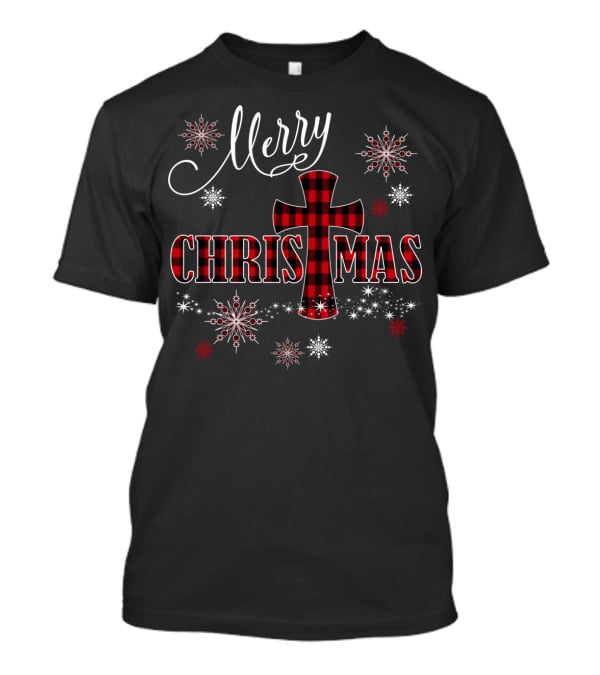 Merry Christmas Christian Cross Buffalo Plaid With Snowflakes T-Shirt