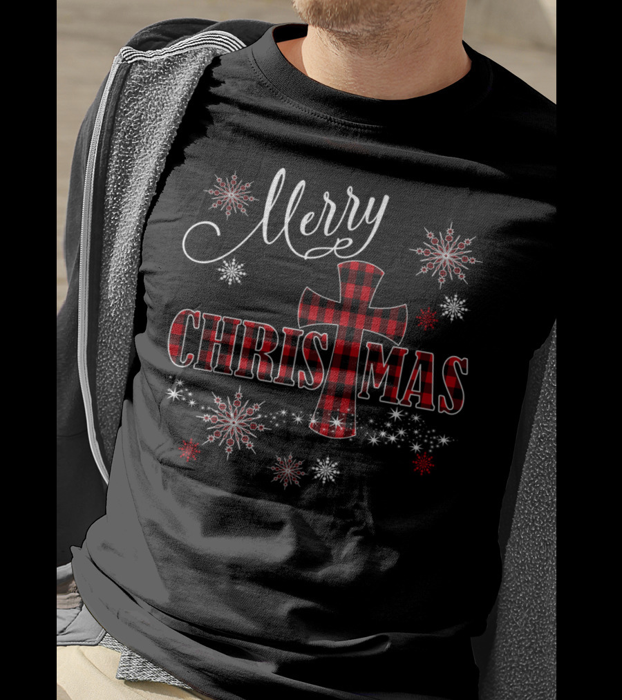 Merry Christmas Christian Cross Buffalo Plaid With Snowflakes T-Shirt