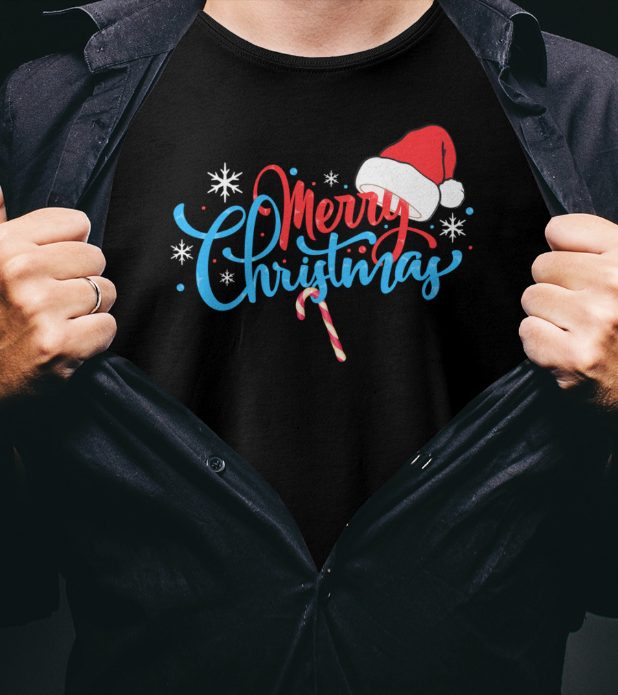 Merry Christmas Nice Santa's Hat Candy Cane Snowflakes T-Shirt