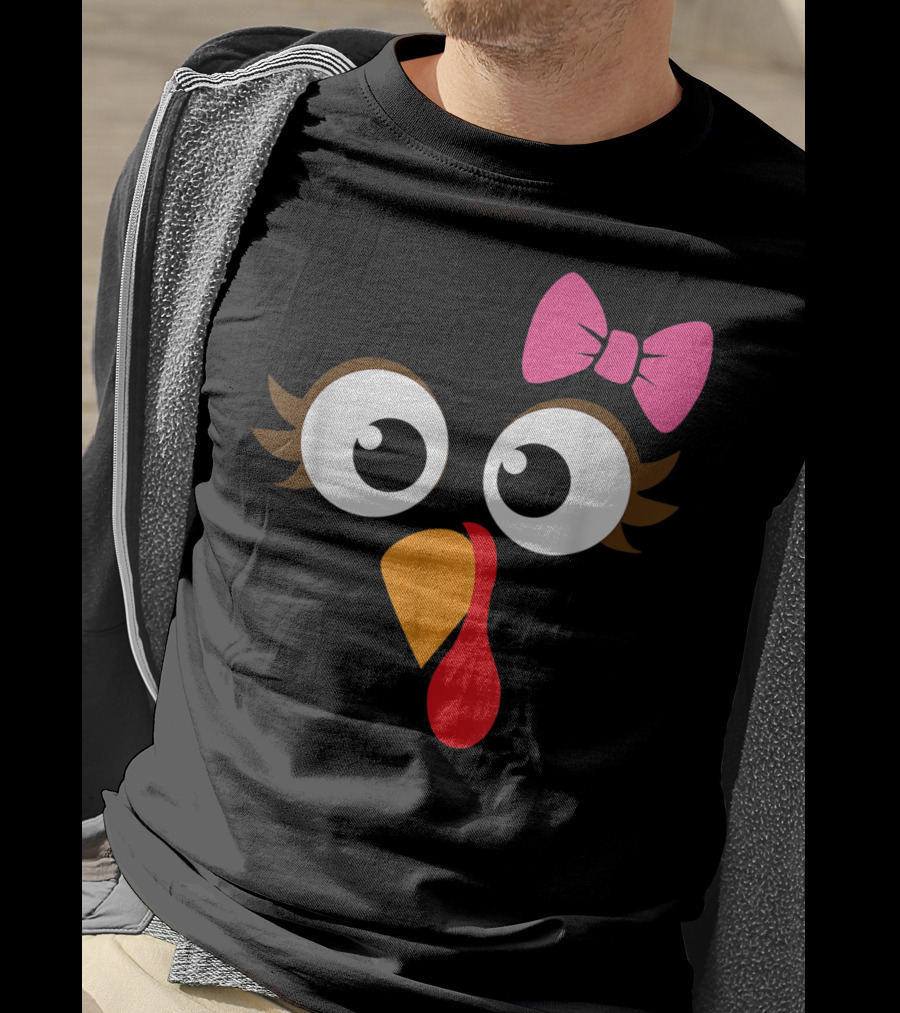 Turkey Face With Pink Bow Girl Cartoon Eyes T-Shirt