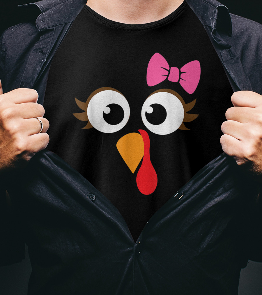 Turkey Face With Pink Bow Girl Cartoon Eyes T-Shirt