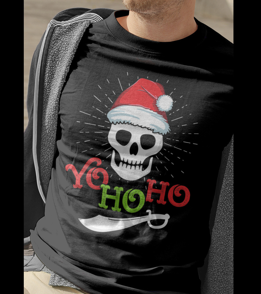 Yo Ho Ho Skull With Santa Hat And Sword T-Shirt