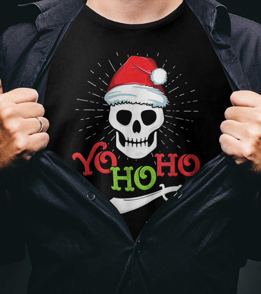 Yo Ho Ho Skull With Santa Hat And Sword T-Shirt