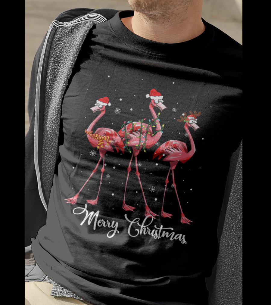 Merry Christmas Flamingo Christmas Lights Santa Hat Reindeer Antlers T-Shirt