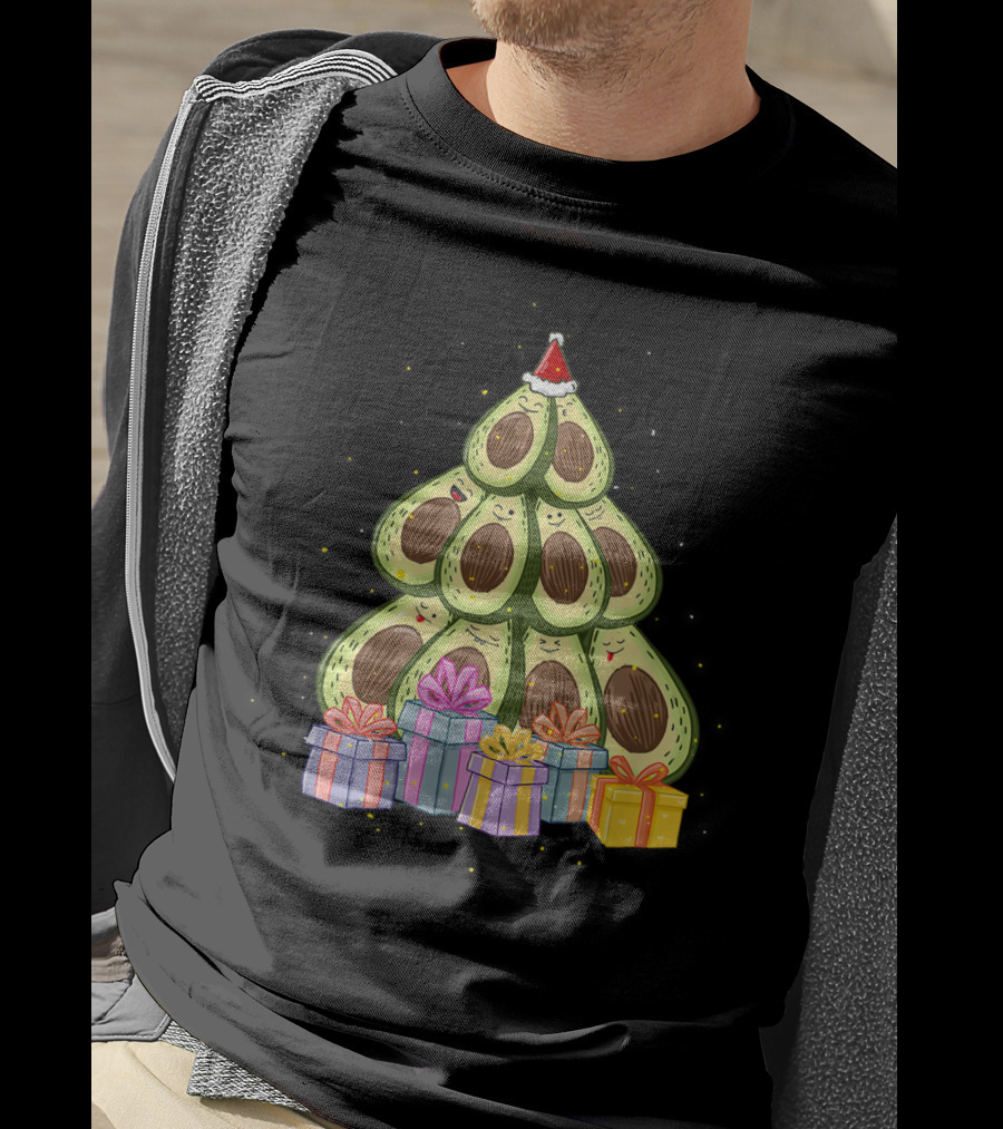 Avocado Christmas Tree With Santa Hat And Presents Avocado Lover T-Shirt