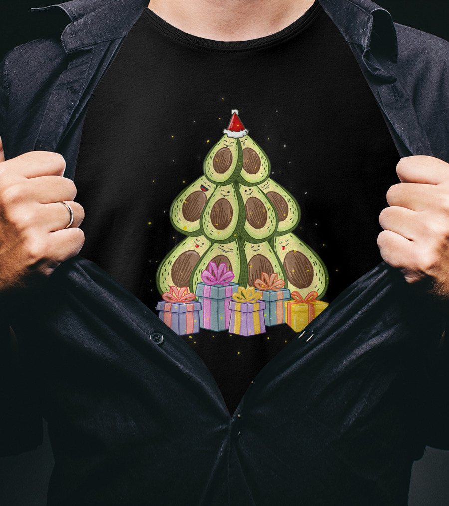 Avocado Christmas Tree With Santa Hat And Presents Avocado Lover T-Shirt