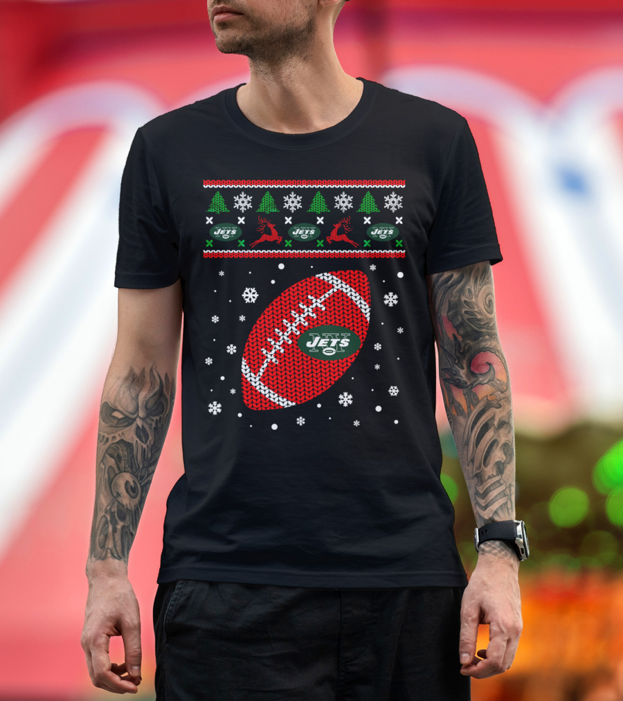 Football Lover Ugly Christmas Jets Team Holiday T-Shirt