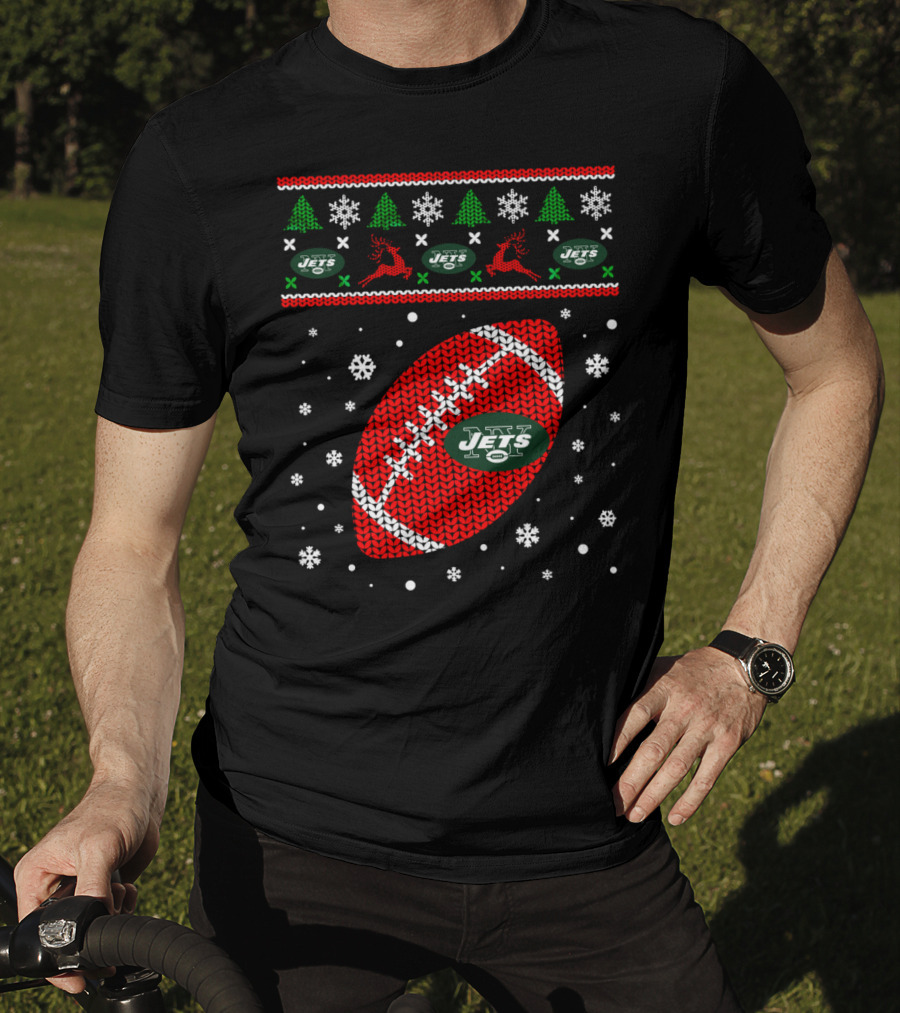 Football Lover Ugly Christmas Jets Team Holiday T-Shirt